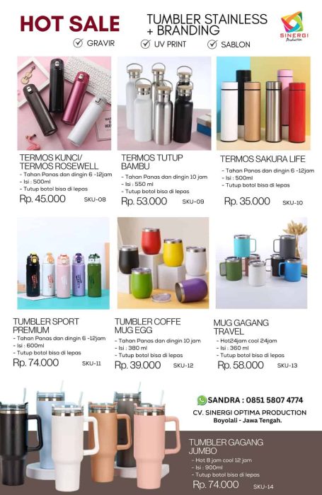 Tumbler stainless dan botol minum berkualitas dari Sinergi Optima Production.