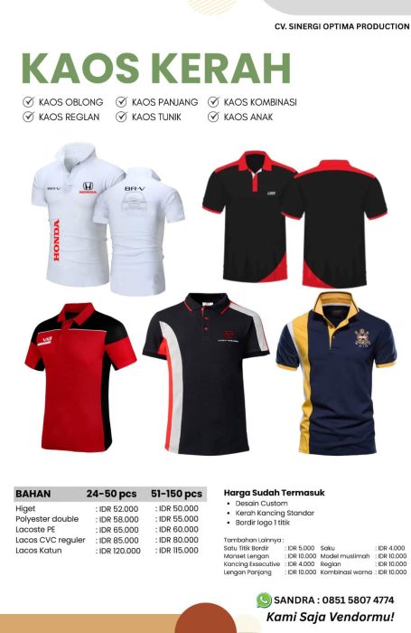 Kaos kerah custom dari CV Sinergi Optima Production untuk berbagai keperluan.